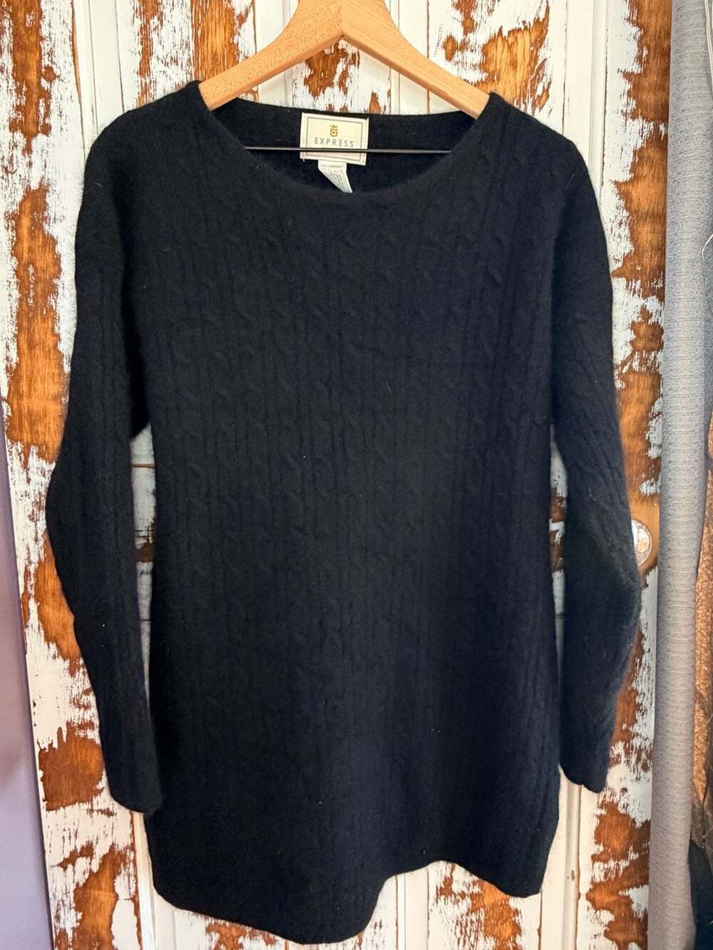 Express Angora Lambs Wool Blend Cable Knit Sweater Dress Black Size M Crew Neck